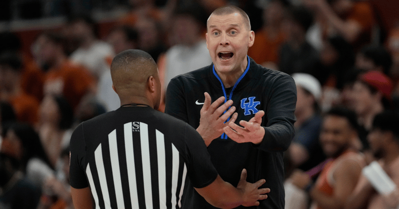 Feb 15, 2025; Austin, Texas, USA; Kentucky Wildcats head coach Mark Pope argues with an official during the second half against the Texas Longhorns at Moody Center. Mandatory Credit: Scott Wachter-Imagn Images