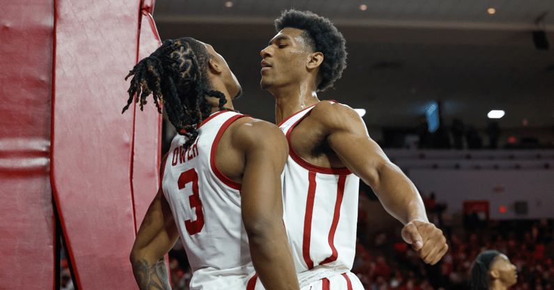 Oklahoma Sooners guard Otega Oweh (3) and Oklahoma Sooners forward Jalon Moore (14) celebrate after a play against the Oklahoma State Cowboys during the first half at Lloyd Noble Center. Mandatory Credit: Alonzo Adams-Imagn Images