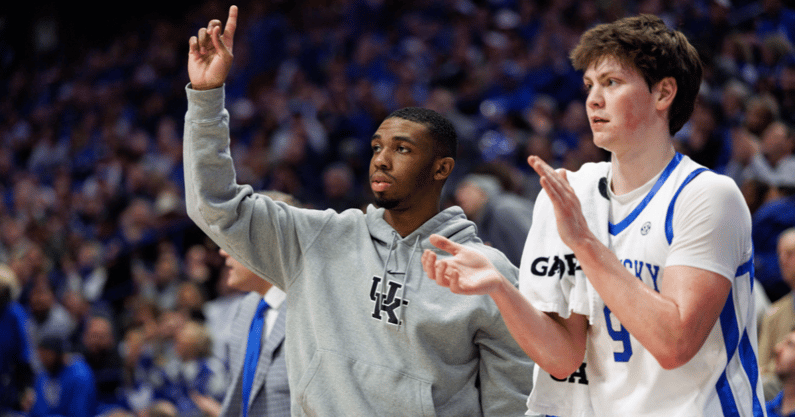 Kentucky Wildcats guard Lamont Butler and forward Trent Noah (9) celebrate from the bench during the first half against the Vanderbilt Commodores at Rupp Arena at Central Bank Center. Mandatory Credit: Jordan Prather-Imagn Images