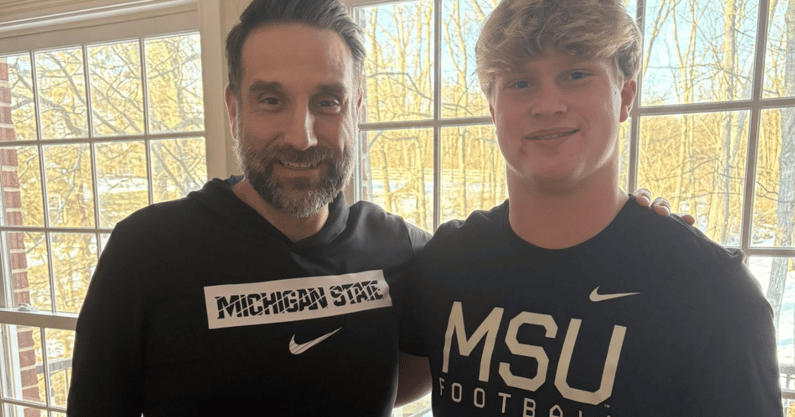 2026 LB Jacob Savage with Michigan State linebackers coach/defensive coordinator Joe Rossi (Photo via social media)