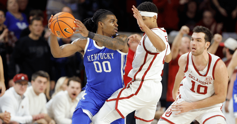 Kentucky G Otega Oweh vs Oklahoma's Jeremiah Fears, via Alonzo Adams-Imagn Images