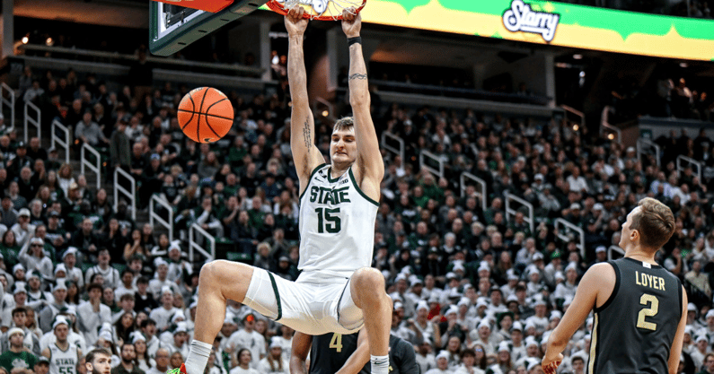 Michigan State's Carson Cooper dunks against Purdue during the second half on Tuesday, Feb. 18, 2025, at the Breslin Center in East Lansing - Nick King, USA TODAY Sports