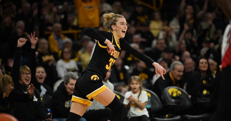 Iowa guard Lucy Olsen reacts to a made three-pointer against Wisconsin. (Photo by Dennis Scheidt)