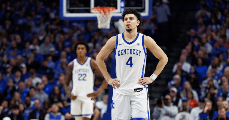 Kentucky Wildcats guard Koby Brea (4) looks on as a teammate shoots a free throw during the second half against the Auburn Tigers at Rupp Arena at Central Bank Center. Mandatory Credit: Jordan Prather-Imagn Images