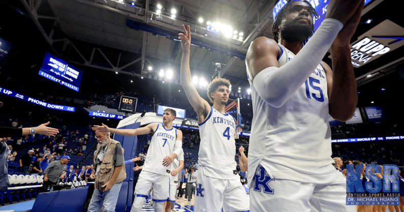 Kentucky's Andrew Carr, Koby Brea, and Ansley Almonor celebrate after a win at Rupp Arena - Dr. Michael Huang, Kentucky Sports Radio