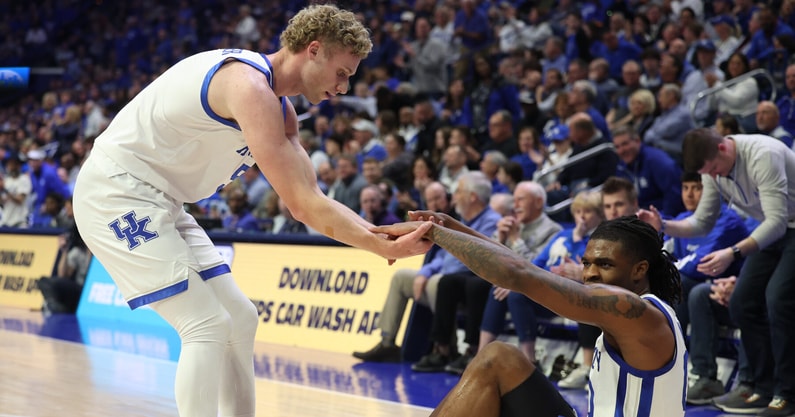 Collin Chandler helps Otega Oweh up during the win over LSU - Dr. Michael Huang, Kentucky Sports Radio