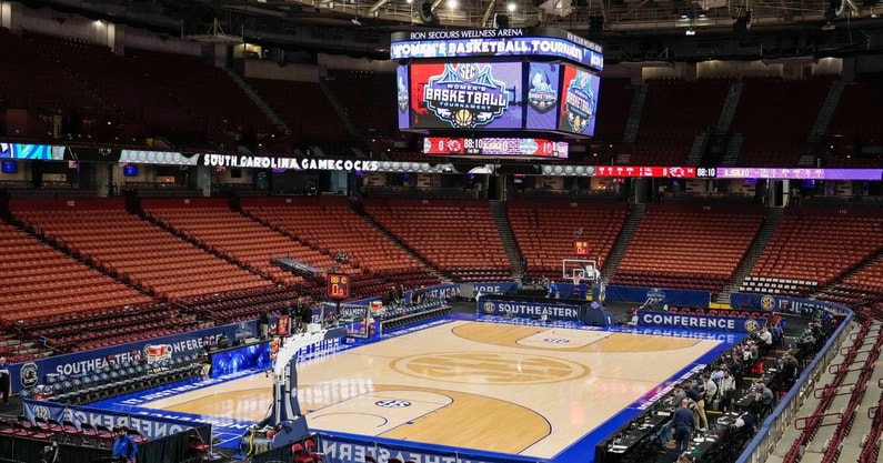Arena view pregame arena shots before the game between the South Carolina Gamecocks and the LSU Lady Tigers at Bon Secours Wellness Arena. Mandatory Credit: Jim Dedmon-Imagn Images