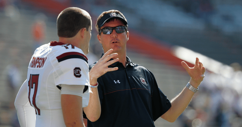 Former South Carolina offensive coordinator GA Mangus with quarterback Dylan Thompson. Photo by: Kim Klement-Imagn Images
