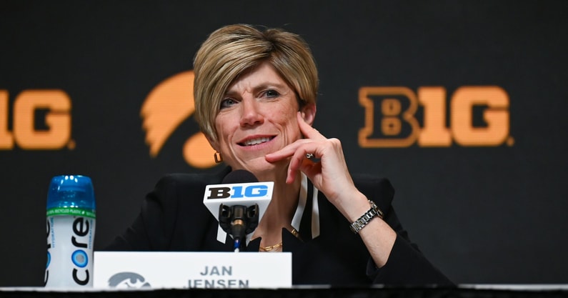 Iowa head coach Jan Jensen spoke with the media after the loss to Ohio State. (Photo by Dennis Scheidt)