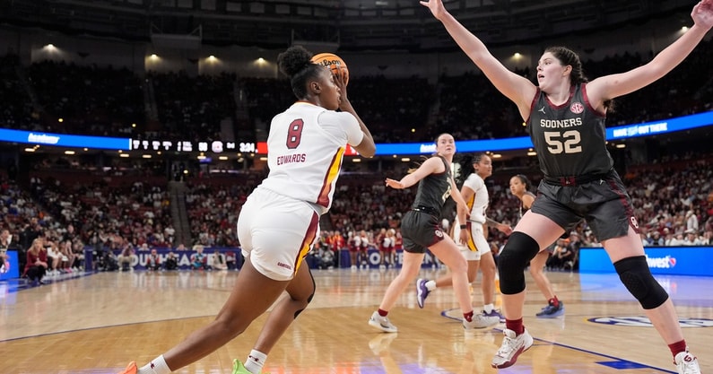 South Carolina Gamecocks forward Joyce Edwards (8) drives to the basket against Oklahoma Sooners center Raegan Beers (52) during the second half at Bon Secours Wellness Arena. Mandatory Credit: Jim Dedmon-Imagn Images