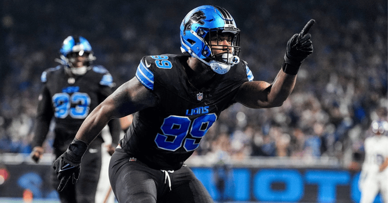 Za'Darius Smith celebrates a sack for the Detroit Lions, via Junfu Han, Imagn Images