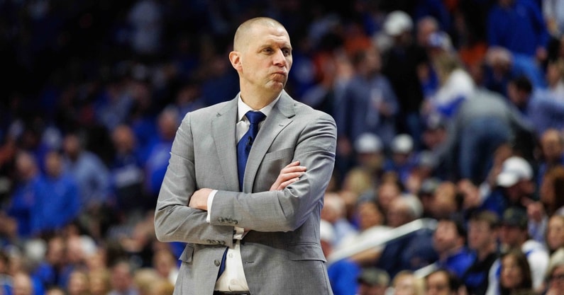 Mar 1, 2025; Lexington, Kentucky, USA; Kentucky Wildcats head coach Mark Pope looks to his bench during the first half against the Auburn Tigers at Rupp Arena at Central Bank Center. Mandatory Credit: Jordan Prather-Imagn Images