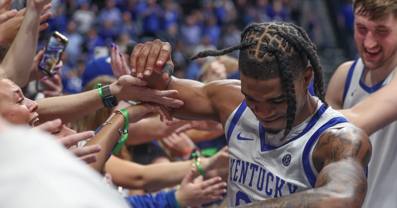 Otega Oweh celebrates with fans after hitting the game-winner for Kentucky vs. Oklahoma in the SEC Tournament - Dr. Michael Huang, Kentucky Sports Radio