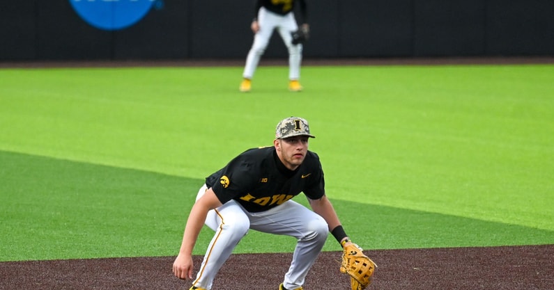 Iowa third baseman Jaixen Frost readies for a pitch to be thrown. (Photo by Dennis Scheidt)