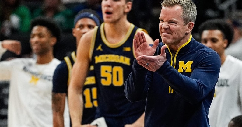 Michigan head coach Dusty May celebrates a play against Maryland during the second half of Big Ten Tournament semifinal at Gainbridge Fieldhouse in Indianapolis, Ind. on Saturday, March 15, 2025.