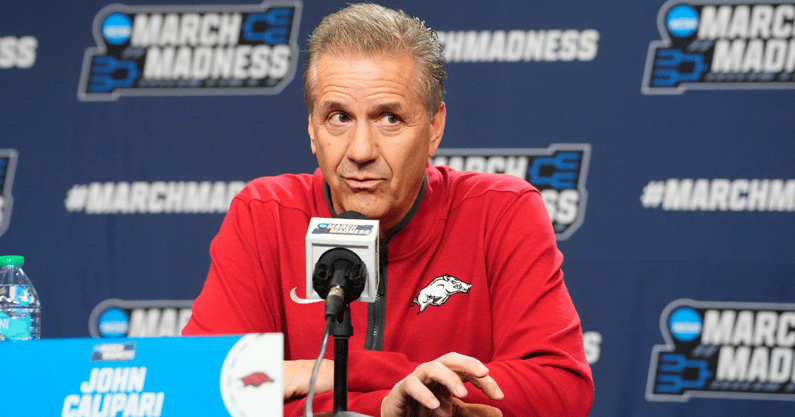 Mar 19, 2025; Providence, RI, USA; Arkansas Razorbacks head coach John Calipari answers question during the First Round Practice Session Press Conference at Amica Mutual Pavilion. Mandatory Credit: Gregory Fisher-Imagn Images