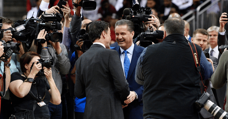Dec 21, 2016; Louisville, KY, USA; Louisville Cardinals head coach Rick Pitino shakes the hands with Kentucky Wildcats head coach John Calipari before the first half at KFC Yum! Center. Louisville defeated Kentucky 73-70. Mandatory Credit: Jamie Rhodes-Imagn Images