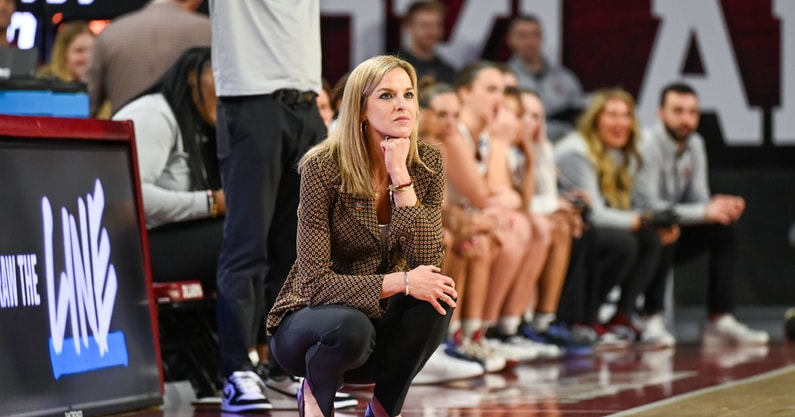 Oklahoma head coach Jennie Baranczyk watches her team against FGCU. (Photo by Dennis Scheidt)