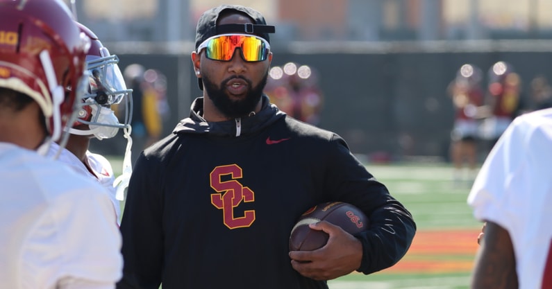 USC cornerbacks coach Trovon Reed during a spring practice with the Trojans