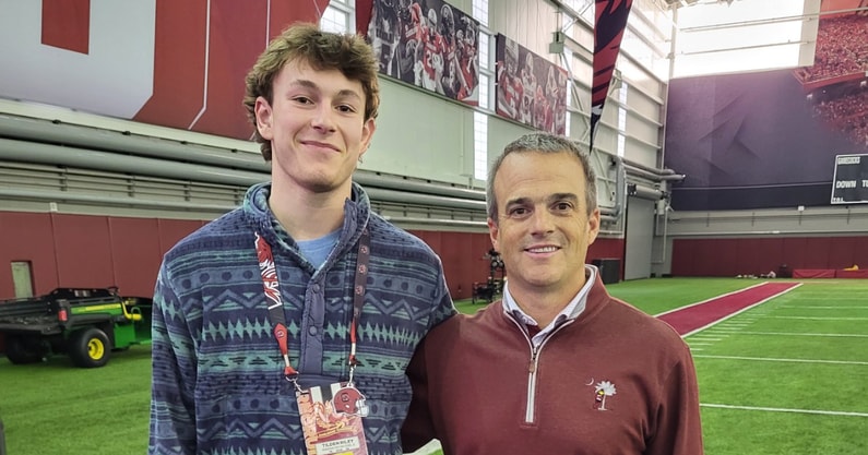 South Carolian football recruiting target Tilden "T" Riley with head coach Shane Beamer during his Junior Day visit to Columbia. Photo credit: T Riley | @t_riley5 on Twitter/X