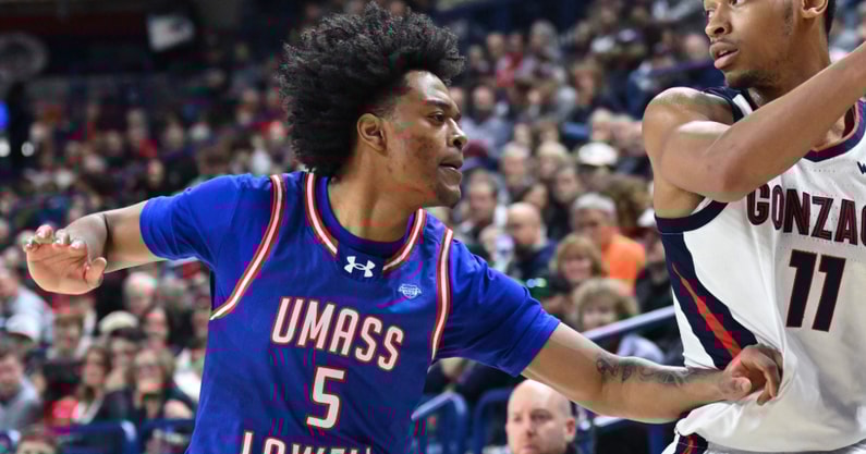UMass Lowell guard Martin Somerville plays defense this past season against Gonzaga. He is expected to visit FSU this week. (James Snook/Imagn Images)