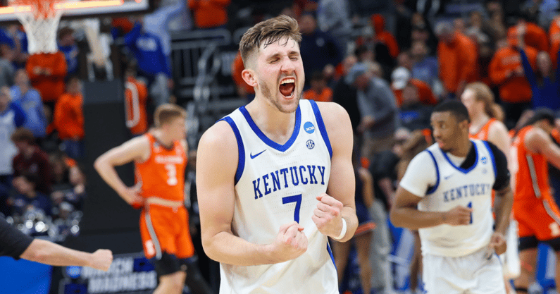 Andrew Carr celebrates a play during Kentucky's win over Illinois in the NCAA Tournament - Mont Dawson, Kentucky Sports Radio