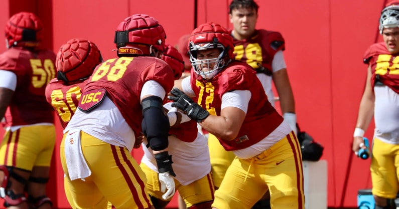 USC offensive linemen during a spring ball practice with the Trojans