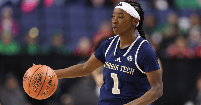 Georgia Tech guard Chazadi Wright handles the ball against NC State. (Photo by Cory Knowlton-Imagn Images)