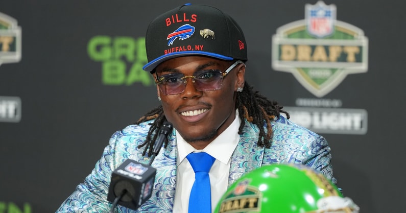 Apr 24, 2025; Green Bay, WI, USA; Maxwell Hairston speaks in a press conference after being selected by the Buffalo Bills as the number 30 pick in the first round of the 2025 NFL Draft at Lambeau Field. Mandatory Credit: Kirby Lee-Imagn Images