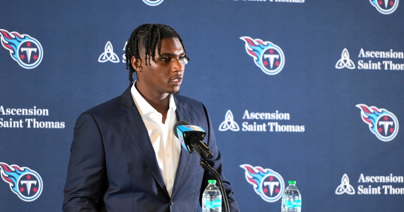 Apr 25, 2025; Nashville, TN, USA; Tennessee Titans first round draft pick Cameron Ward speaks to the media at a press conference. Cam Ward was the number one overall pick in the 2025 NFL Draft.Mandatory Credit: Steve Roberts-Imagn Images