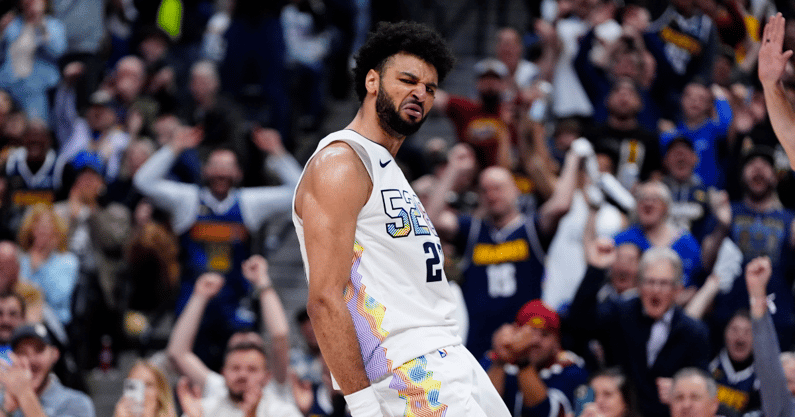 Apr 29, 2025; Denver, Colorado, USA; Denver Nuggets guard Jamal Murray (27) reacts after a steal and basket in the fourth quarter against the LA Clippers during game five of the first round for the 2025 NBA Playoffs at Ball Arena. Mandatory Credit: Ron Chenoy-Imagn Images