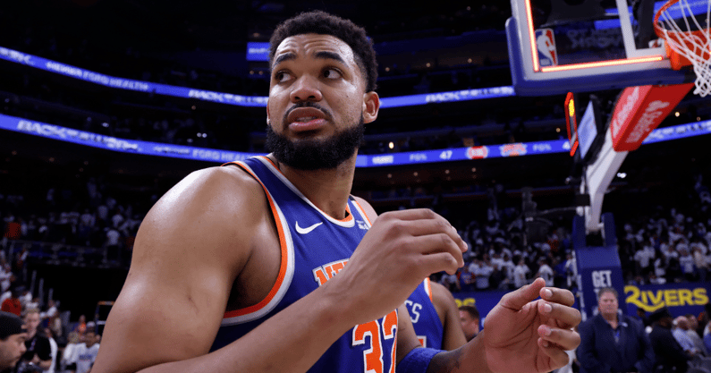May 1, 2025; Detroit, Michigan, USA; New York Knicks center Karl-Anthony Towns (32) walks off the court after the game against the Detroit Pistons during game six of first round for the 2024 NBA Playoffs at Little Caesars Arena. Mandatory Credit: Rick Osentoski-Imagn Images