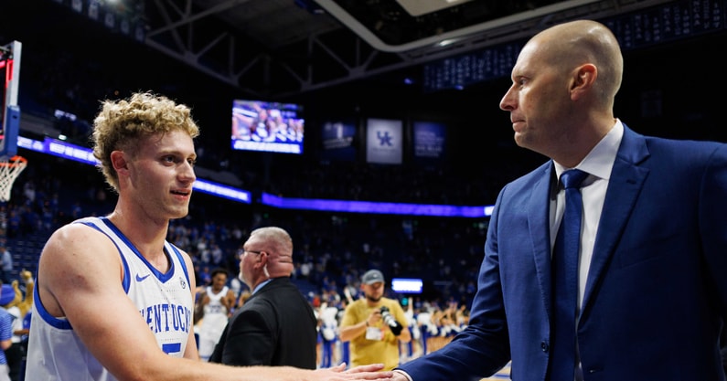 Nov 9, 2024; Lexington, Kentucky, USA; Kentucky Wildcats head coach Mark Pope fives guard Collin Chandler (5) after the game against the Bucknell Bison at Rupp Arena at Central Bank Center. Mandatory Credit: Jordan Prather-Imagn Images