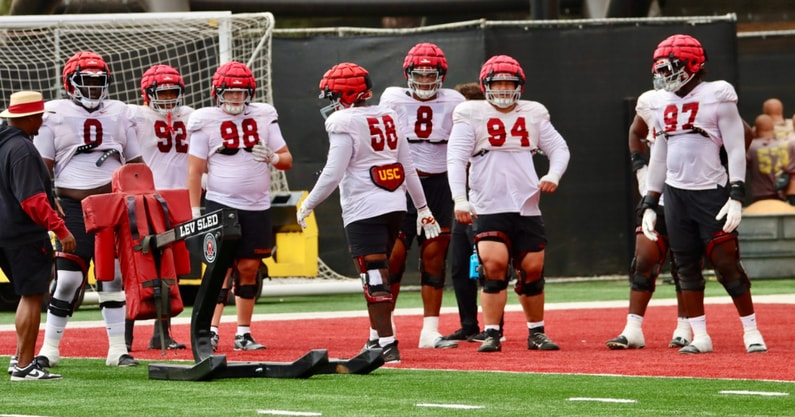 USC defensive line during a spring ball practice