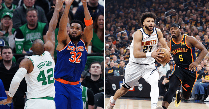 Photos of Karl-Anthony Towns (left) and Jamal Murray (right) via Imagn Images