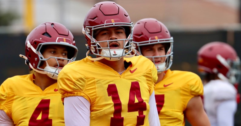 USC quarterbacks Jayden Maiava, Husan Longstreet and Sam Huard at a spring practice with the Trojans