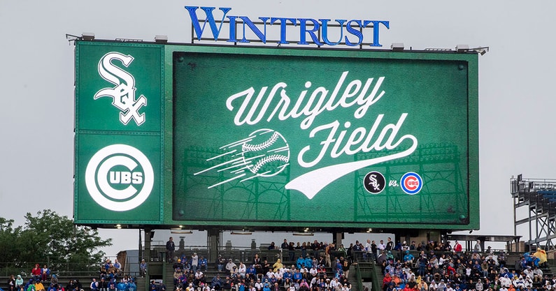 Wrigley Field videoboard between the Chicago Cubs and White Sox