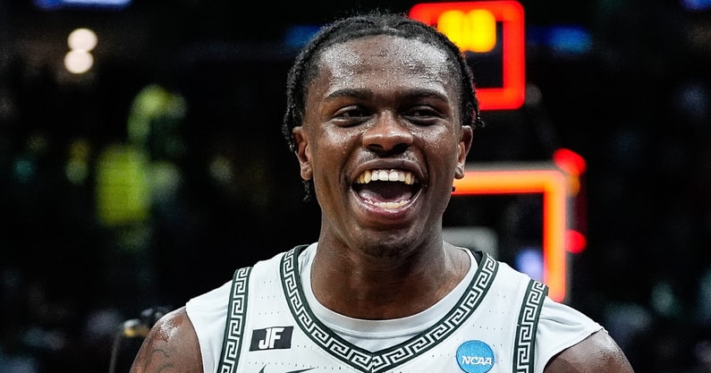 Michigan State forward Coen Carr (55) celebrates 71-63 win over New Mexico at the Second Round of NCAA tournament at Rocket Arena in Cleveland, Ohio on Sunday, March 23, 2025. - Junfu Han, USA TODAY Sports
