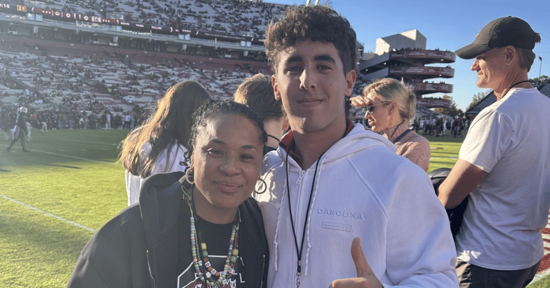 South Carolina baseball commitment Spencer Krasner posing with Gamecock women's basketball coach Dawn Staley during a visit to Columbia. Photo credit: Spencer Krasner | @kraz_sj on Twitter/X