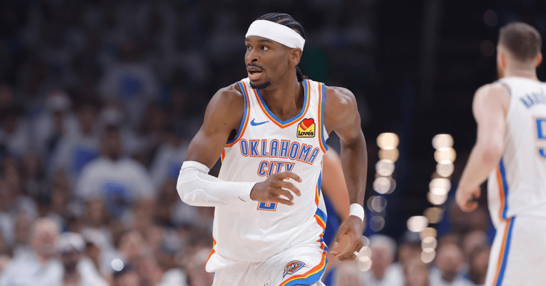 May 13, 2025; Oklahoma City, Oklahoma, USA; Oklahoma City Thunder guard Shai Gilgeous-Alexander (2) runs down the court for a play against the Denver Nuggets during the first quarter of game five of the second round for the 2025 NBA Playoffs at Paycom Center. Mandatory Credit: Alonzo Adams-Imagn Images