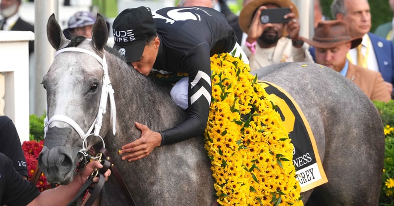 Jaime Torres celebrates a Preakness Stakes win with Seize the Grey, via Mitch Stringer-Imagn Images