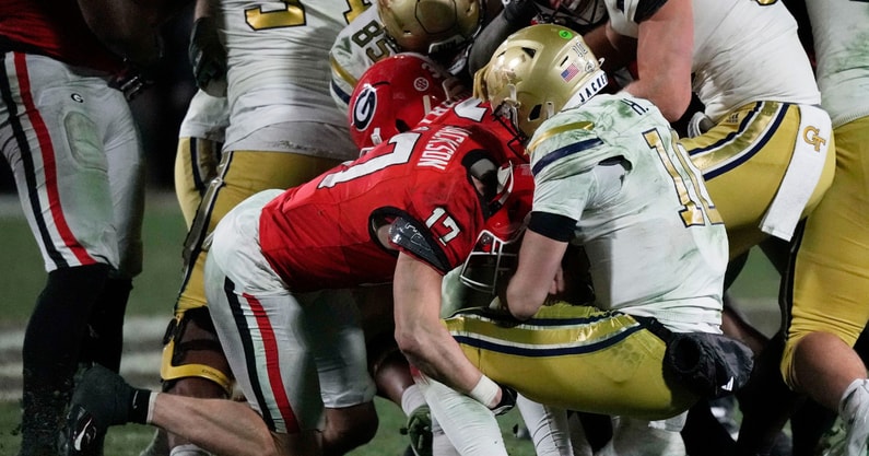 The rivalry between Georgia nad Georgia Tech was decided by a 2-point conversion after 8 overtimes, via Joshua L. Jones : USA TODAY NETWORK via Imagn Images