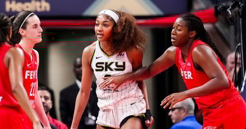 Chicago Sky forward Angel Reese (5) reacts to a flagrant foul from Indiana Fever guard Caitlin Clark (22) on Saturday, May 17, 2025, during a game between the Indiana Fever and the Chicago Sky at Gainbridge Fieldhouse in Indianapolis. The Indiana Fever defeated the Chicago Sky, 93-58.