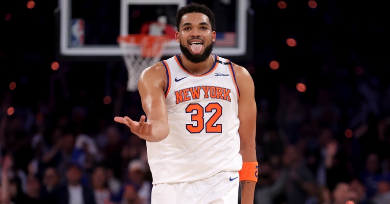 May 16, 2025; New York, New York, USA; New York Knicks center Karl-Anthony Towns (32) celebrates his three point shot against the Boston Celtics during the first quarter of game six in the second round of the 2025 NBA Playoffs at Madison Square Garden. Mandatory Credit: Brad Penner-Imagn Images