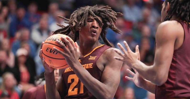 Arizona State Sun Devils forward Jayden Quaintance (21) catches a rebound against Kansas Jayhawks in the first half of the game inside Allen Fieldhouse Wednesday, Jan. 8, 2025.© Evert Nelson/The Capital-Journal / USA TODAY NETWORK via Imagn Images