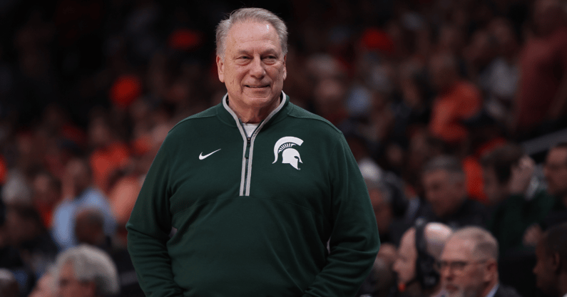 Michigan State Spartans head coach Tom Izzo during the first half in the South Regional final of the 2025 NCAA tournament against the Auburn Tigers at State Farm Arena. - Brett Davis, USA TODAY Sports