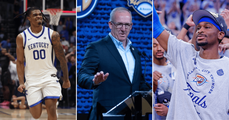 Photos of Otega Oweh (left), Greg Sankey (middle), and Shai Gilgeous-Alexander via Kentucky Sports Radio, Imagn Images