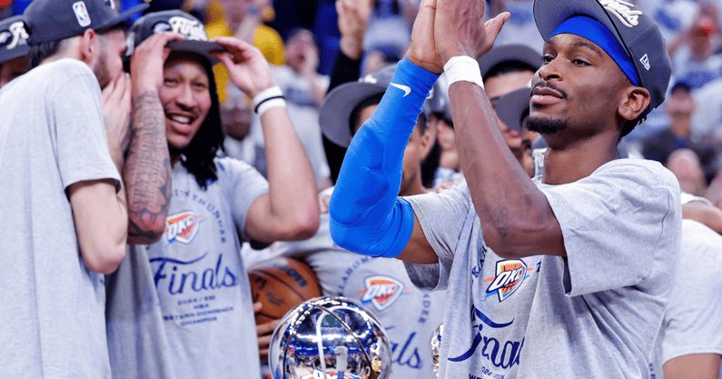 May 28, 2025; Oklahoma City, Oklahoma, USA; Oklahoma City Thunder guard Shai Gilgeous-Alexander (2) signals to the fans after defeating the Minnesota Timberwolves in game five to win the western conference finals for the 2025 NBA Playoffs at Paycom Center. Mandatory Credit: Alonzo Adams-Imagn Images