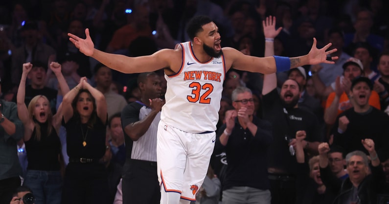 May 29, 2025; New York, New York, USA; New York Knicks center Karl-Anthony Towns (32) reacts in the first quarter against the Indiana Pacers during game five of the eastern conference finals for the 2025 NBA Playoffs at Madison Square Garden. Mandatory Credit: Brad Penner-Imagn Images