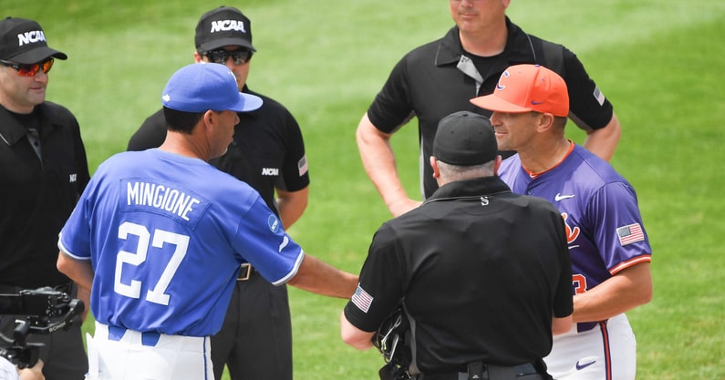 University of Kentucky Head Coach Nick Mingione and Clemson Head Coach Erik Bakich shake hands before the NCAA baseball Clemson Regional at Doug Kingsmore Stadium in Clemson, S.C. Sunday, June 1, 2025.